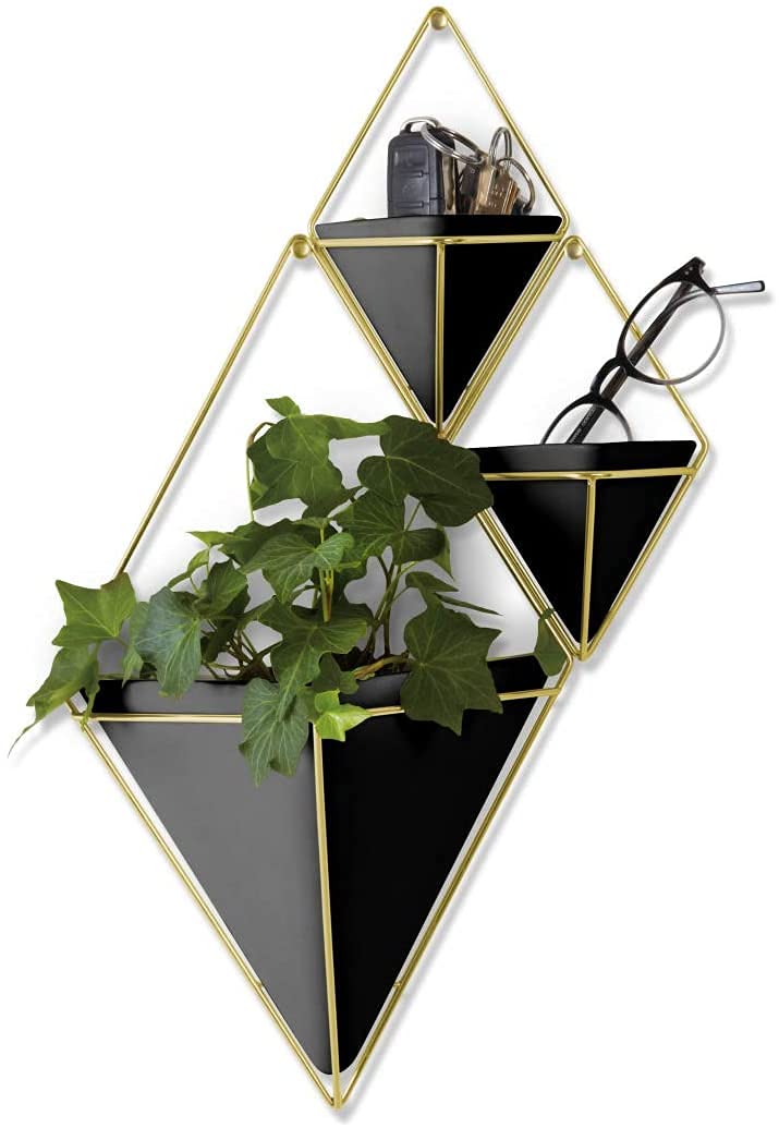 T J Trigg Hanging Planter VASE & Geometric Wall Decor Container, Black/Brass (Set of 3)