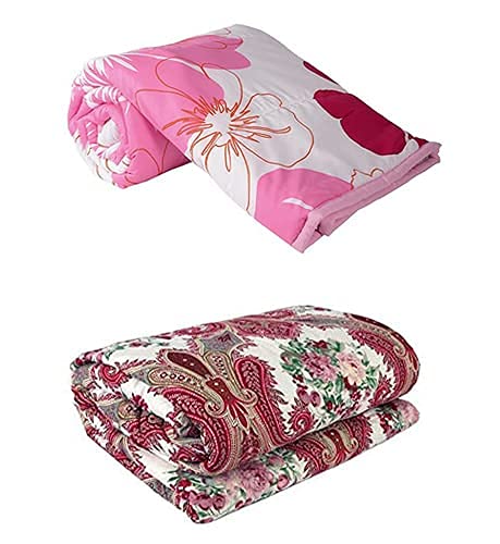 WONDERLOOK Doremon Gang Cartoon Kids Design Print Microfiber Single Bed Reversible AC Blanket | Dohar | Quilt | Comforter | Duvet Set of 2 Pcs (Big Pink & Brown Flower Print)