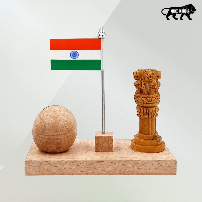 WOOD HOUSE Woodhouse Flag Stand for Office Table, Wooden Flag Stand with Ashoka Pillar & Clock, Wooden Flag Stand with Clock for Office Table Stylish (WH-55)