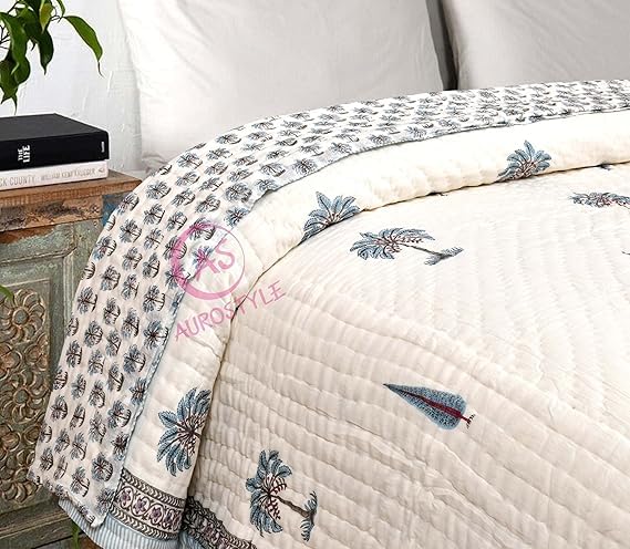 EMIOUR 400 TC Jaipuri Light Weight Pure Cotton Traditional Hand Block Big Flower Print Double Bed Quilt/Razai/Rajai (White & Grey, 90 x 108 Inches, Double Bed) Breathable