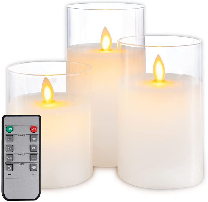 Silver Martini LED Candles, Outdoor Waterproof Flameless Candles with Remote Control Timer Function, Battery Candles, LED Flameless Candles, Moving Flame, Set of 3 (3Pcs Glass Candles Lights)