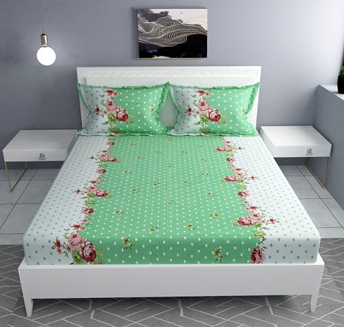 COMFOLUST Cotton Feel Glace Cotton Elastic Fitted Printed Queen Size Double Bed Bedsheet With 2 Pillow Cover(72"X78", Green), 200 TC