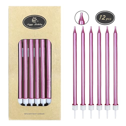 12Pcs Pink Birthday Candle for Cake, 5.5 Inch Long Thin Cake Candles for Wedding Anniversary Decoration Happy Birthday Party Celebration