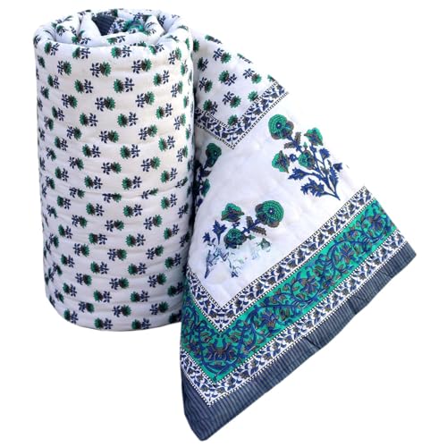 fashhub Rajasthani Traditional Cotton and Microfiber Jaipuri razai ac Blanket booti Print with Boarded Design Single Bed Reversible (Both Sided) Jaipuri Quilt 55 x 85 inch - Blue