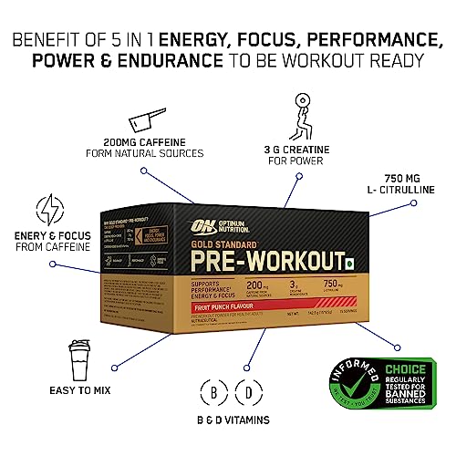 Optimum Nutrition (ON) Gold Standard Pre-Workout- 142.5g/15 single serve packs (Fruit Punch Flavor), For Energy, Focus, Power, Endurance & Performance