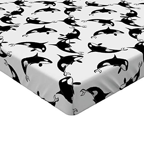 Lunarable Orca Fitted Sheet, Grampus Killer Whale Repeating Pattern in Doodle on Plain Backdrop Print, Bed Cover with All-Round Elastic Deep Pocket for Comfort, Queen Size, Charcoal Grey and White