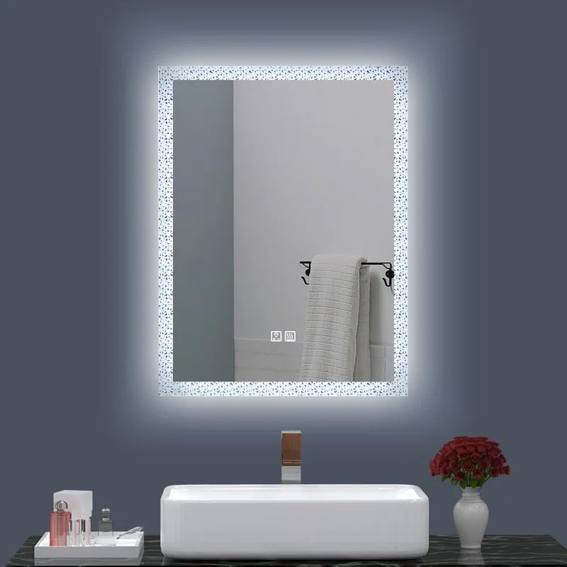 Artessa Crystal Frost Rectangular LED Mirror with Defogger, Dimmer, 3-Colour LED for Bathroom (60 x 45 CM)