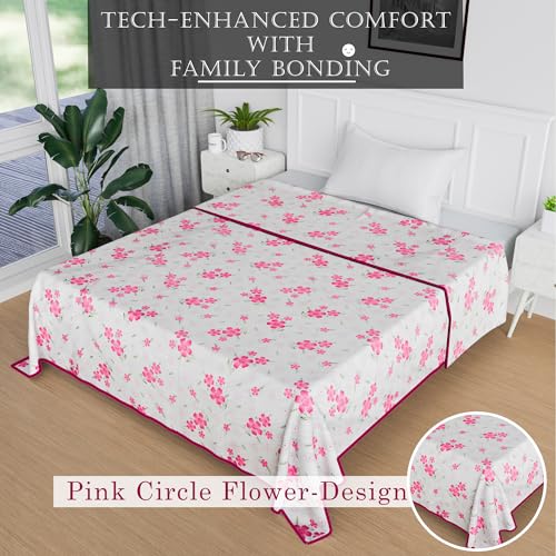 Fun Homes Blanket | Comforter Single Bed | Reversible AC Comforter | Cotton Single Dohar | Lightweight Dohar for Summer | All-Season Bed Blanket | Pink Circle Flower-Design | White