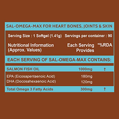 Carbamide Forte Salmon Fish Oil Omega 3 Capsules 1000 mg | 90 Softgel Capsules | EPA 180 mg & DHA 120 mg | Supports Heart, Joints, Bones & Skin