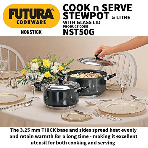 Hawkins Futura 5 Litre Cook n Serve Stewpot, Non Stick Pot with Glass Lid, Cooking Pot with Lid, Black (NST50G)