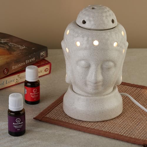 Asian Aura Handcrafted Ceramic Electric Buddha Shaped Aroma Diffuser| Aroma Oil Burner for Aromatherapy| Home Decor and Fragrance with Aroma Oils(English Lavender & Rosy Romance Scent 10ml Each)