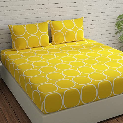 SHOMES Elastic Fitted Checkered Bedsheets With 2 King Size Pillow Covers | Double Bed With All Around Elastic, Size 72 X 78 X 8 Inches (Yellow),250 TC