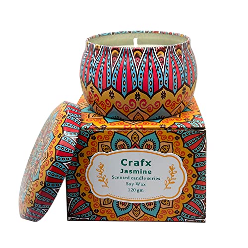 CRAFX Scented Candle with 120gm/4.2oz Natural Soy Wax Eco-Friendly Printed Tin Scented Candles Gift Set for Home Decor, Scented Candles - Set of 2 (Vanilla and Jasmine)