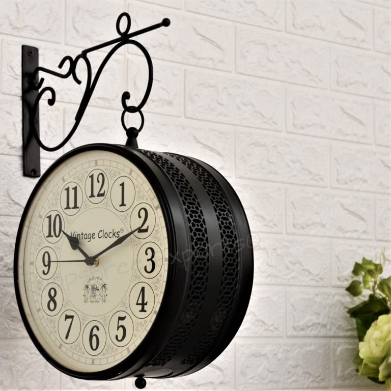 Vintage Clock Iron Handcrafted Double Side Clock(8x8-inch, Black)