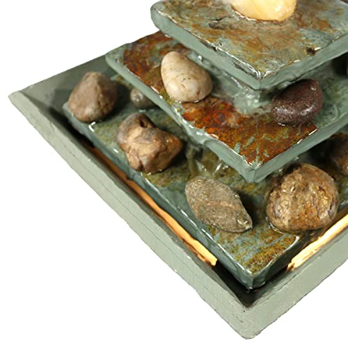 Sunnydaze 8-Inch Ascending Slate Tiered Waterfall Fountain - Built-in LED Light Provides Ambient Lighting - Perfect Size for Desktop or Bedroom - Indoor Relaxation - Electric Square Water Feature