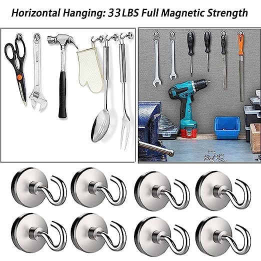 XIRIZ Magnetic Hooks, 28 lb+ Heavy Duty Magnets with Hook for Refrigerator, Extra Strong Cruise Hook for Hanging, Magnetic Hanger for Cabins, Grill,Classroom, Workplace, Office and Garage (10)