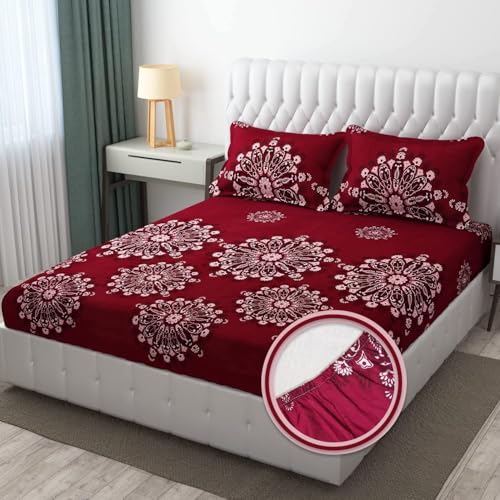 YaAkholic 220 TC Elastic Fitted Double King Size Bed Cotton Bedsheets with 2 Pillow Covers - King Size 78" x 72" Lruxurious Bedding Set for Ultimate Comfort and Style (Maroon)