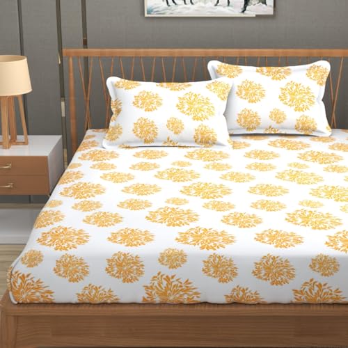 Super Soft Cotton Printed One Double Elastic Bedsheet with 2 Pillow Cover (White (Yellow Print))