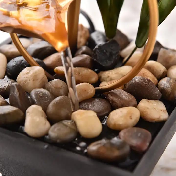 BIYALI Tabletop Water Fountains for Home Office Décor – Desktop Waterfall Leaf Fountains Deep Basin Natural River Rocks Indoor Zen Relaxation Sound Bedroom, Livingroom (Pack of 1, Metal Golden)