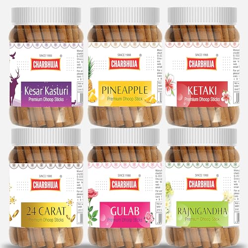 CHARBHUJA Fragrant Dry Dhoop Sticks (6 * 100g=354 Sticks) Charcoal Free Stick for Home & Office Fragrance, Pooja, Hawan, Uplift Mood (Kesar Kasturi, 24 Carat, Pineapple, Rajnigandha, Rose, Ketaki)