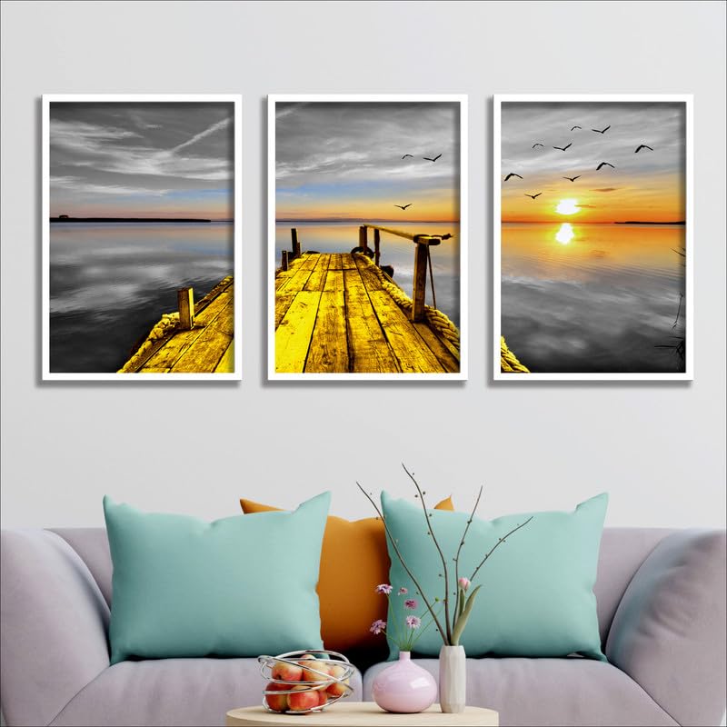 SAF paintings Set of 3 Water Bridge And sun Wall Painting for Home Decoration SA-WHITEMX33605