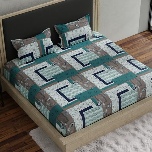 Double Fitted Bedsheet with 2 Pillow Covers Cotton Geometrical Design Blue & Grey Colour - Stella Collection