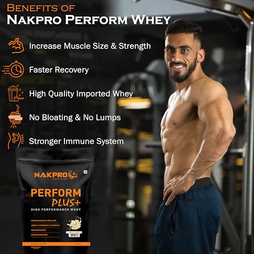 NAKPRO Perform Plus+ Whey Protein Concentrate with Digestive Enzymes | 24g Protein, 5.7g BCAA | Easy Mixing, Easy Digesting (1 Kg, Vanilla)