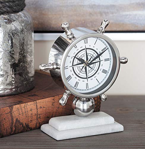 Deco 79 43508 Stainless Steel and Marble Ships Wheel Table Clock, 8" x 9", Silver/White