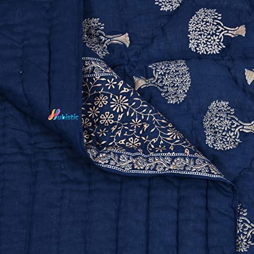 WOODSY Jaipuri Razai Rajasthani Traditional Soft Light Weight Pure Cotton Winter and Summer Rajai Ac Quilt Razai/Rajai/Quilt/Blanket/Dohar/Comforter (Double Bed, Blue Tree Golden)