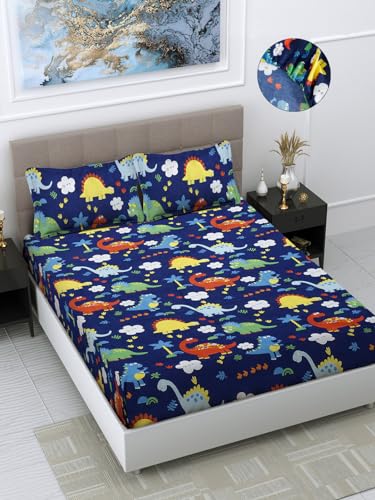 FABINALIV Blue Cartoon Print Cotton Blend 300 TC Premium King Size Bedsheet for Double Bed (250 x 225 CM) with 2 Pillow Covers Set (70 x 45 CM) | Designer Printed Double Bedsheet Set (FLEBS-1211-Blue)