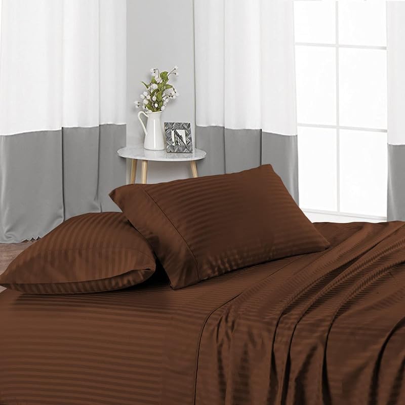 Easy Bedding Super Soft 300 TC Elastic Fitted Bedsheet with 2 Pillow Cover- All Over Elastic Fit- 10" Deep Pocket Fitted Sheet- 100% Cotton Fully Elastic Fitted 3 PC Set-Chocolate Stripe,King Size