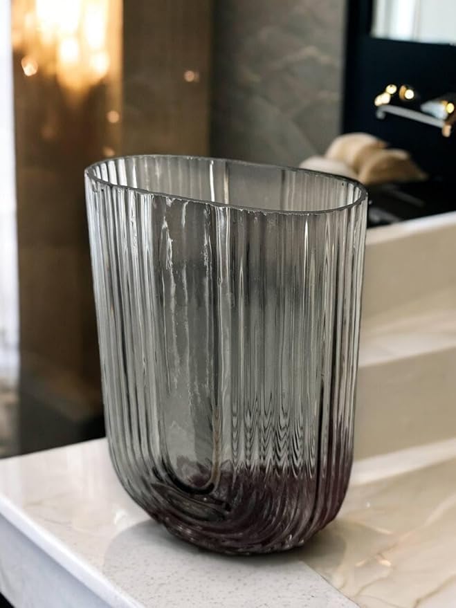 BELLU Black Ribbed Glass Flower Vase, 7.3" H Modern Small Vase, Ellipse U Shaped Fluted Striped Decorative Vase, Fit for Home Living Room Table Decor (Open:5" x 2.6")