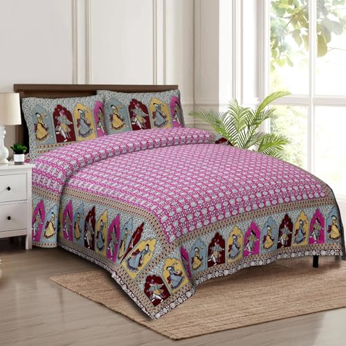 Bedsheet for Double Bed King Size PC Cotton Blossom Floral Print Bed Spread Cover with 2 Pillow Covers (Rani)