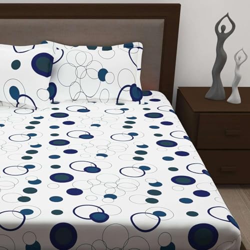 Premium Cotton All Around Elastic Fitted Double Bed Bedsheet (72” x 78”) with 2 Pillow Covers (16" x 26") (BS10 (B) White Circle)