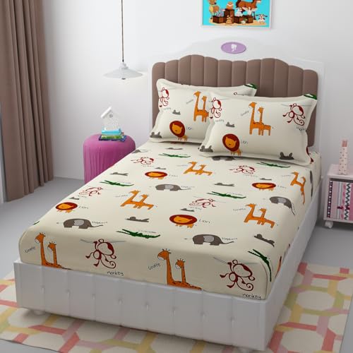 Ultica Fab 200 TC 100% Polycotton Cartoon Printed Supersoft Bedsheet for Kids Room Single Bed with 2 Pillow Covers Soft/Breathable Wrinkel Free -60x90 Inches -Cream