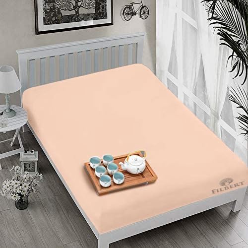 Filbert All Around Elastic Fitted Bedsheet Single Bed (36 x 78 + 8 inch) Machine Washable Single Bed Elastic Bedsheet | Wrinkle Free Fitted Bedsheet with Pillow Cover | Peach