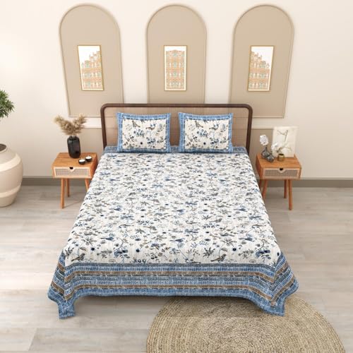 Dream Homme 144 TC Cotton Double Bedsheet with 2 Pillow Covers | Rajasthani Jaipuri Sanganeri Printed Sheet Cover for King Size Bed - 90×108 Inches (Blue Bird)