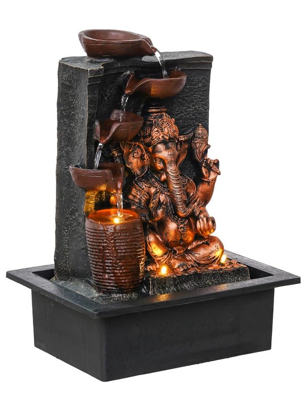 Chronikle Brown & Golden Idle Ganesha Table Top Indoor Water Fountain with 4 Steps Waterfall, LED Lights & Water Flow Controller Pump ( Size: 39 x 29.5 x 22 cm | Colour: Brown & Golden )