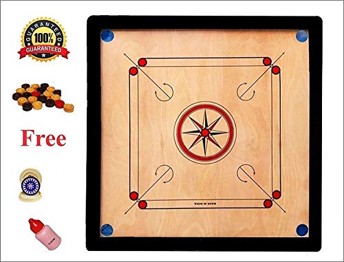 M ART Carrom Board Rough and Smooth Polish Finish Medium Size 26*26" with PAKKI PLY with Coins, Powder and Striker Free.