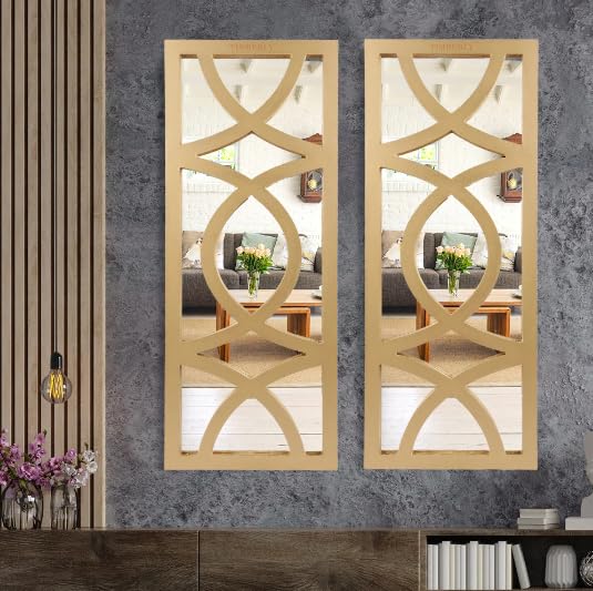 ANTIQUE HOUSE IN Hand Crafted MDF Modern Rectangular Wall Panel Mirror (Gold, 30 x 12 Inch) (PACK of 2)