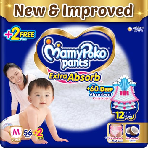 MamyPoko Pants Extra Absorb Baby Diapers, Medium (M), 56 Count(+2) Free Diaper, 7-12 Kg