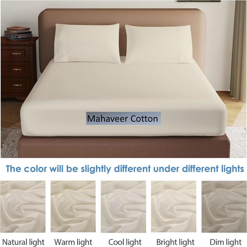 Mahaveer Cotton Premium Microfiber All Round Elastic Fitted Bedsheet with 2 Standard Pillow Covers | Wrinkel Free Bed Cover 8"-10" Deep Pocket King 78X78 Inch / 6.5X6.5 Feet_Ivory