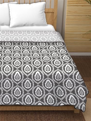 Dream Dwell100% Pure Cotton Reversible Dohar/AC Blanket for Double Bed |All Weather Light Weight | Floral Design Patterned, Grey and White Circular Motifs- Pack of 1