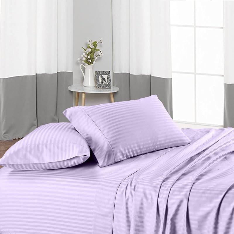 600 Thread Count Luxurious 6 Piece Bedsheet Set- 100% Cotton All Season Bedding Includes- Flat Sheet, Fitted Sheet (8" Snug Fit) & 4 Pillow Cover -Lavender Stripe,King Size