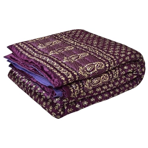 fashhub Rajasthani Cotton Filled Light Weight Silk Soft Jaipuri AC Quilt/Razai Dohar Over All Floral Print Design with Gold Print Quilts Blankets for Home (85x100 Inch,Purple Jaal Print, Double Bed)