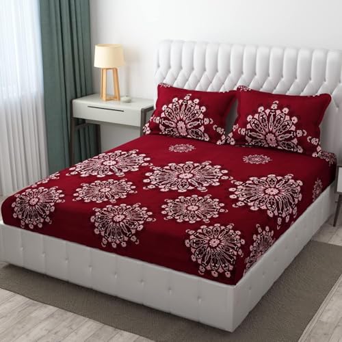 YaAkholic 220 TC Elastic Fitted Double King Size Bed Cotton Bedsheets with 2 Pillow Covers - King Size 78" x 72" Lruxurious Bedding Set for Ultimate Comfort and Style (Maroon)