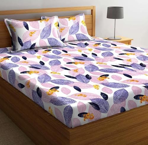 THE DIVINE Glace Cotton King Size All Around Elastic Fitted Double Bedsheet 72''x78'' Inch + 8 Inch (Drop) with 2 Pillow Covers (Purple) 200-250 TC_1(VA) FTD.DB.PurplePatta_21-Purple