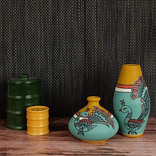 Artysta 'Peacock Pair' Green Hand-Painted Terracotta Flower Vases, Terracotta Decorative for Home Earthen Flower Vase Pots for Home (Set of 2)