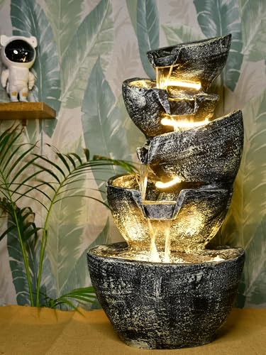 Sowpeace Multi-Bowl Stone Water Fountain – Cascading Waterfall Feature showpiece, Set of 1 Premium Resin Made Table Top Home Decor for Living Room and Gifting(35 cm,Grey)