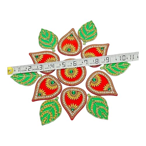 Krisah Acrylic Rangoli, 11 inch Diameter, Red and Green with Floral Design, Reusable Festival Decoration